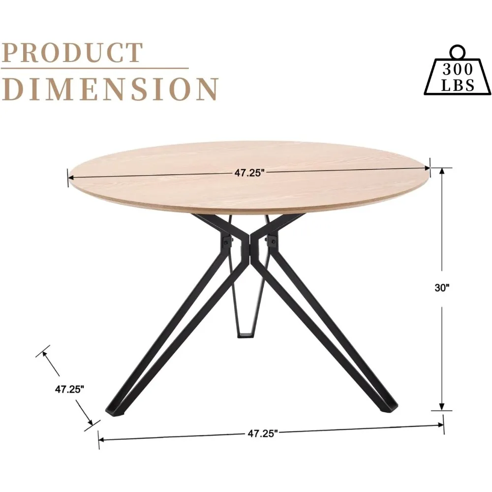 47-inch 4-6 person round dining table, natural wood dining table, modern round kitchen table, metal legs, wooden dining table