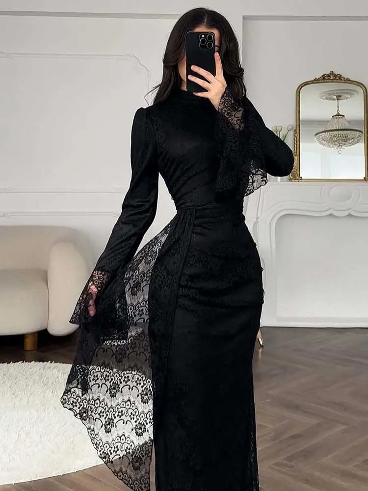 Sexy Evening Dress Lace Fabric Long Sleeve Slimming Dress Women  Elegant Luxury Curvy Party Dresses Wholesale Dropshipping