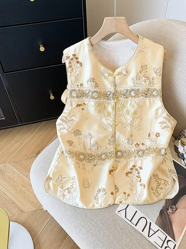 

New Chinese Sle Heavy Embroidery Button Vest Women's Autumn High-End Lightweight Tang Costume oulder Pad Jaet Top Trendy