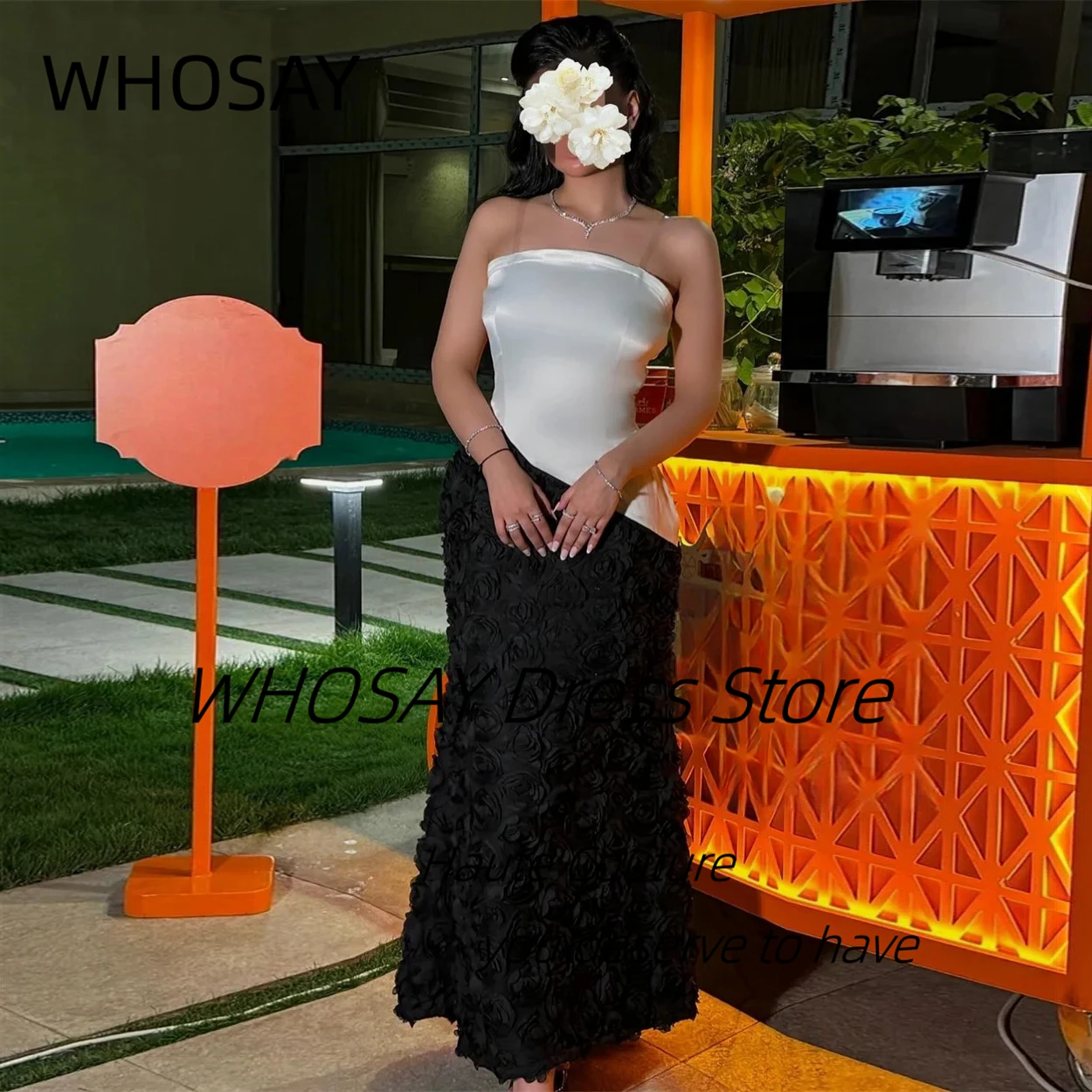 

WHOSAY Customized Black Flowers Dresses for Prom Party Contrast Color Strapless Evening Gowns Saudi Arabia Women Wear Dress