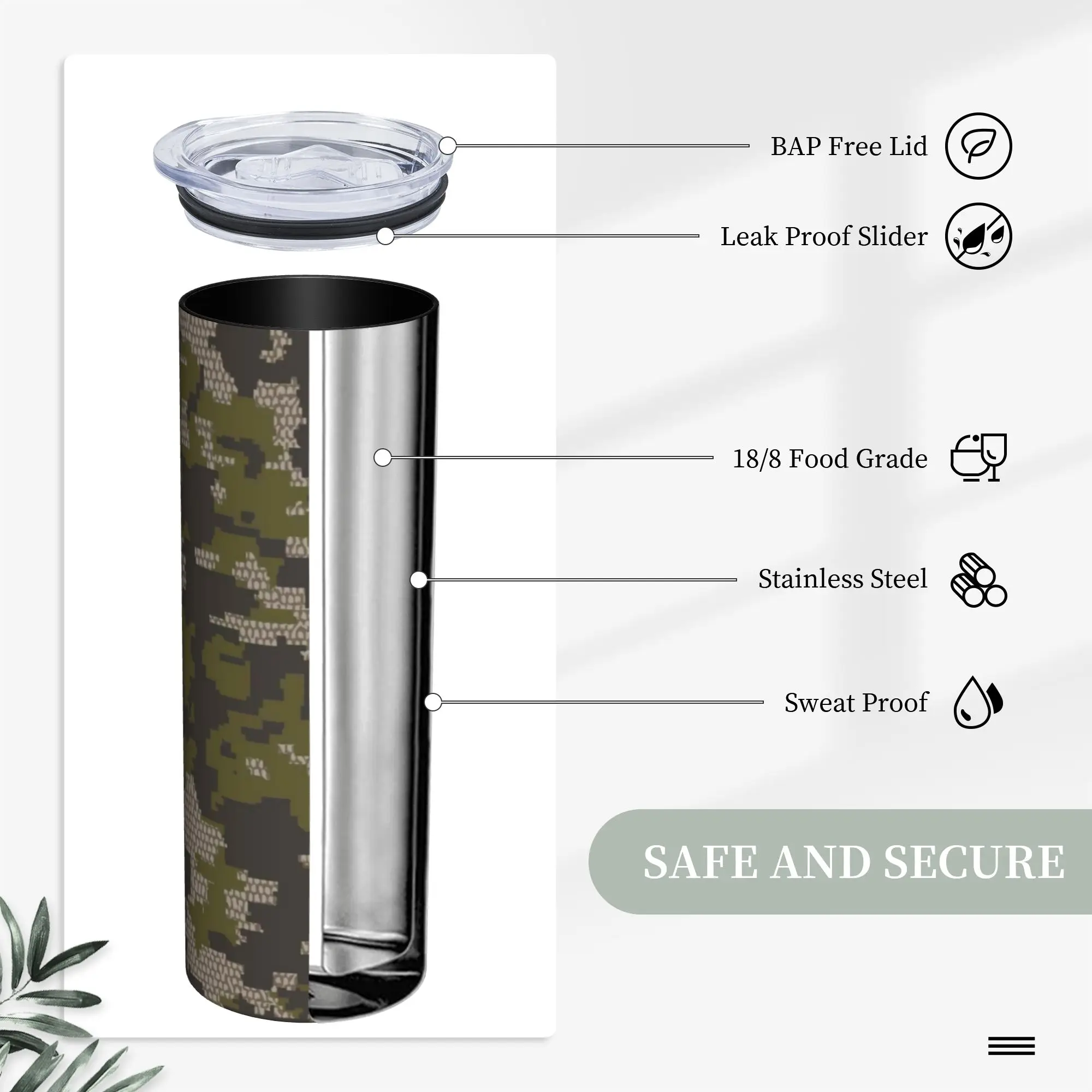Wicked Camo Verde Camouflage Insulated Tumbler With Lid Straw Tags Vacuum Thermal Mug Stainless Steel Double Wall Water Bottle - view 5