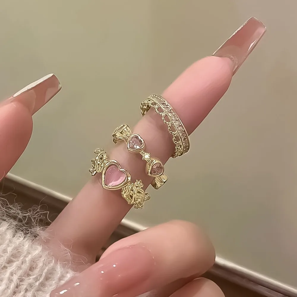 3pcs/set Fashion Y2K Irregular Heart Rings Kpop Purple Crystal Open Ring Punk Heart Finger Rings