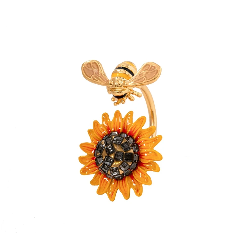 

European and American fashion personality sunflower bee opening unique light luxury smoked quartz index finger ring