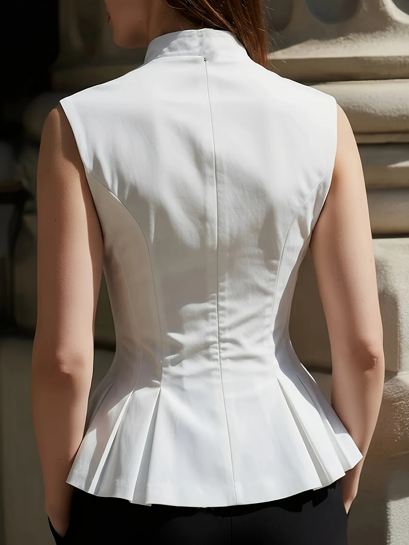 Women's Elegant Sleeveless Vest Top White Stand-Collar Front Zipper Fitted Tailored Waist Peplum Pleated Hem for Office Business