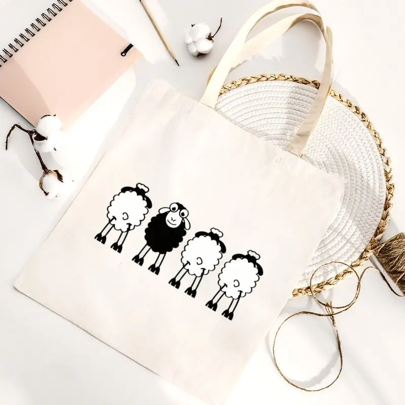 A Interesting sheep pattern print canvas tote bag, suitable for daily use, shopping, school, and travel