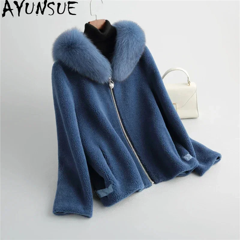 

Casual AYUNSUE Sheep Shearing Jacket Luxury Fox Fur Collar Hooded Coat 100% Wool Winter Jackets for Women 2024 Casacos