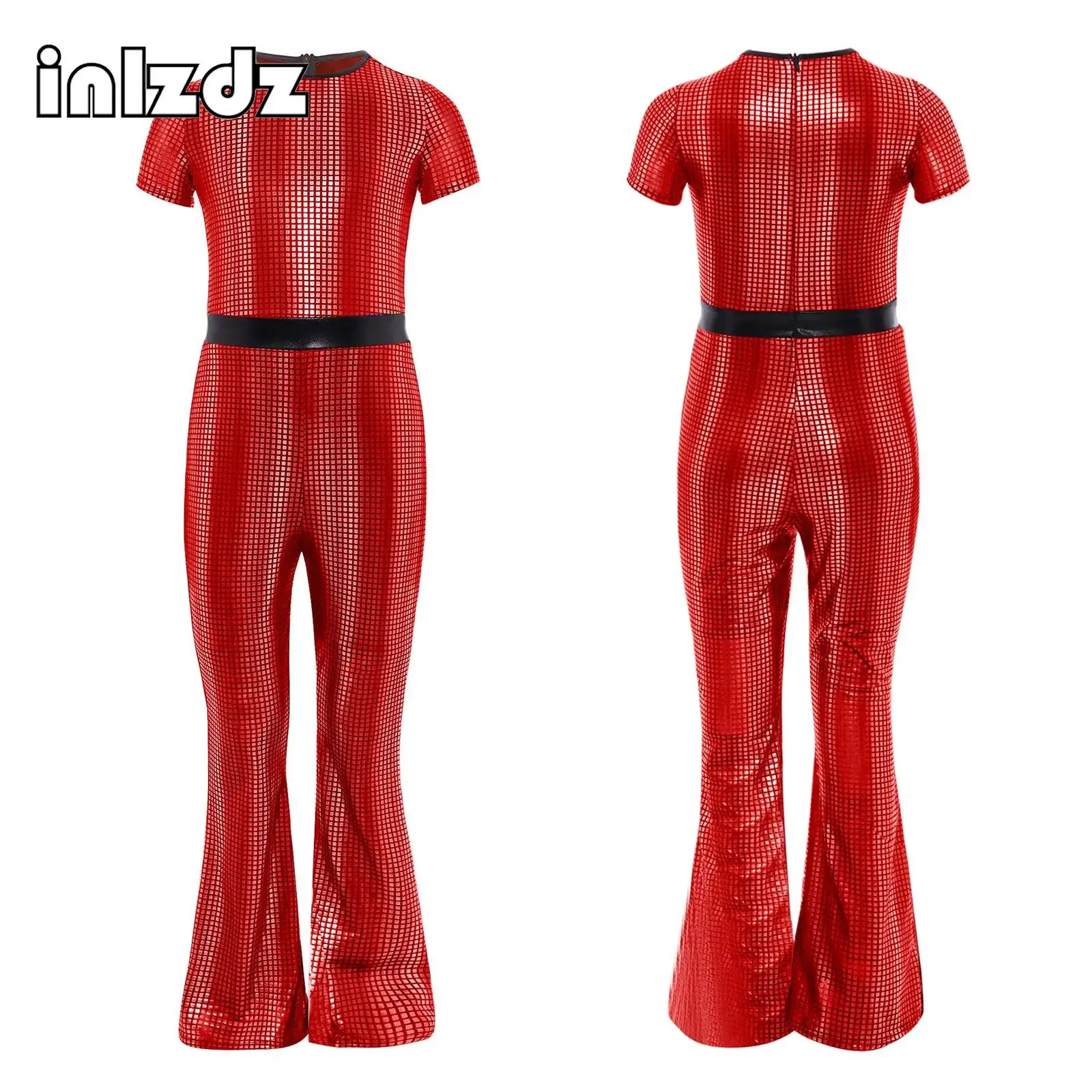 

Children Girls Jazz Dance Performance Costume Bell-Bottom Metallic Plaid Jumpsuit Short Sleeve Full Body Leotard for Stage Show