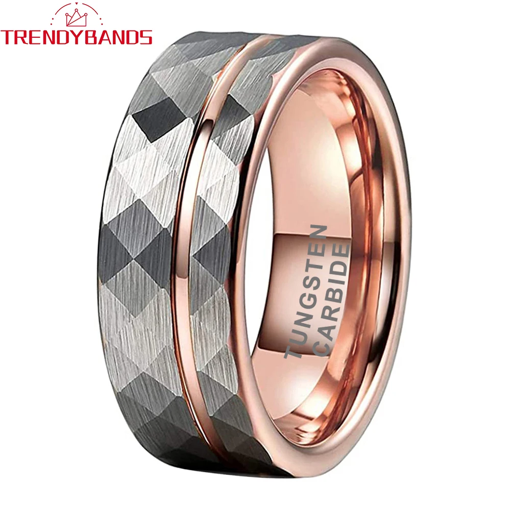 8mm Women Wedding Ring Tungsten Carbide Engagement Band Fashion Jewelry Hammered Brushed Finish Grooved Comfort Fit