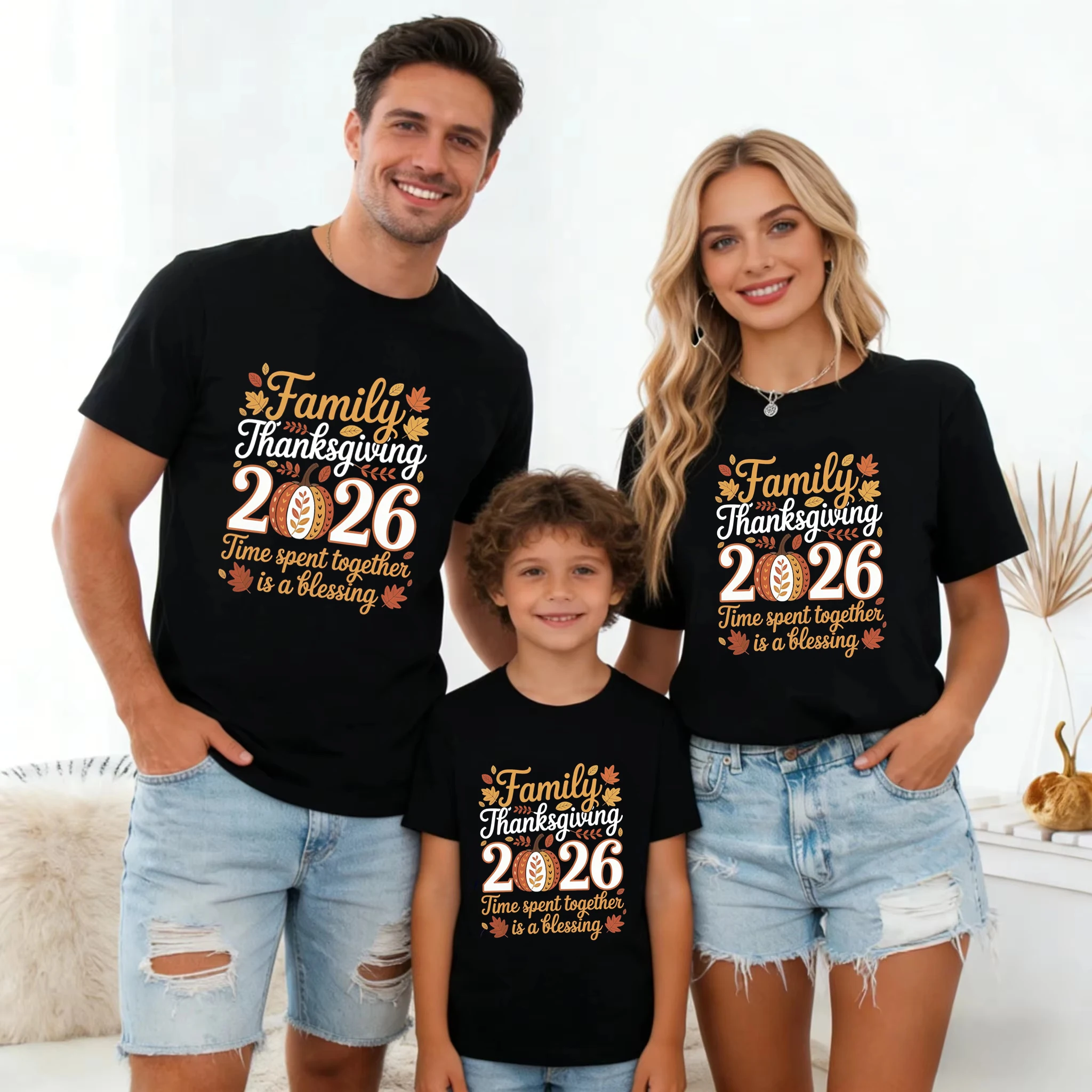 2026 Family Thanksgiving Printed T Shirt Famliy Matching Dad Mom Son Daughter T-Shirt Summer Short Sleeve T-Shirt Tops