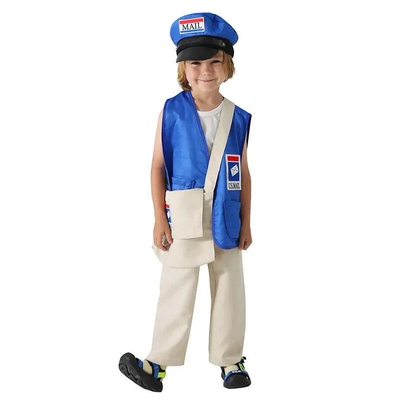 Courier Children Mr. Postman Costume Boy's Blue America Mailman Costume for Kids Mail Carrier Uniform