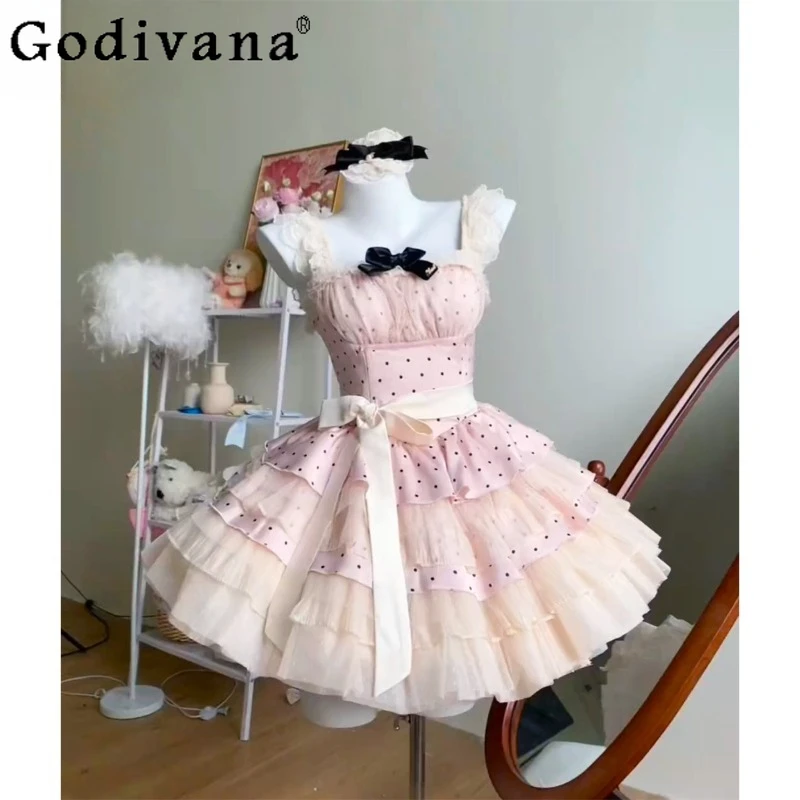 

Bow Lolita Puffy Princess Dress for Women Sweet Lolita Sleeveless Strap Dress Female Japanese Style Waist Cinching Dress