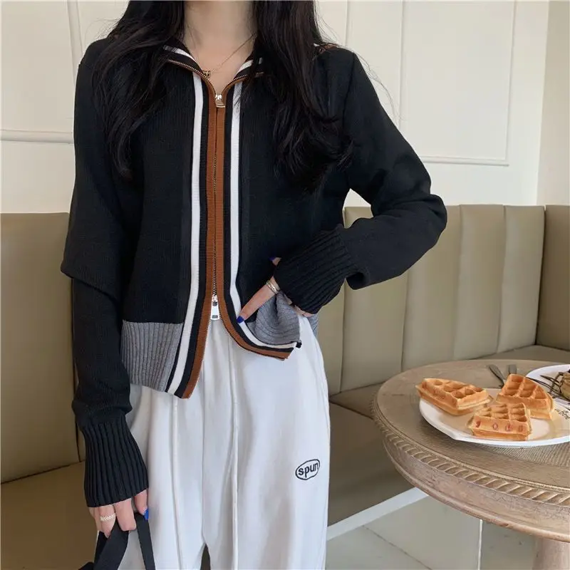 Casual Hooded Contrasting Colors Cardigan Female Clothing Striped Slim Stylish Zipper Autumn Winter Long Sleeve Knitted Sweaters