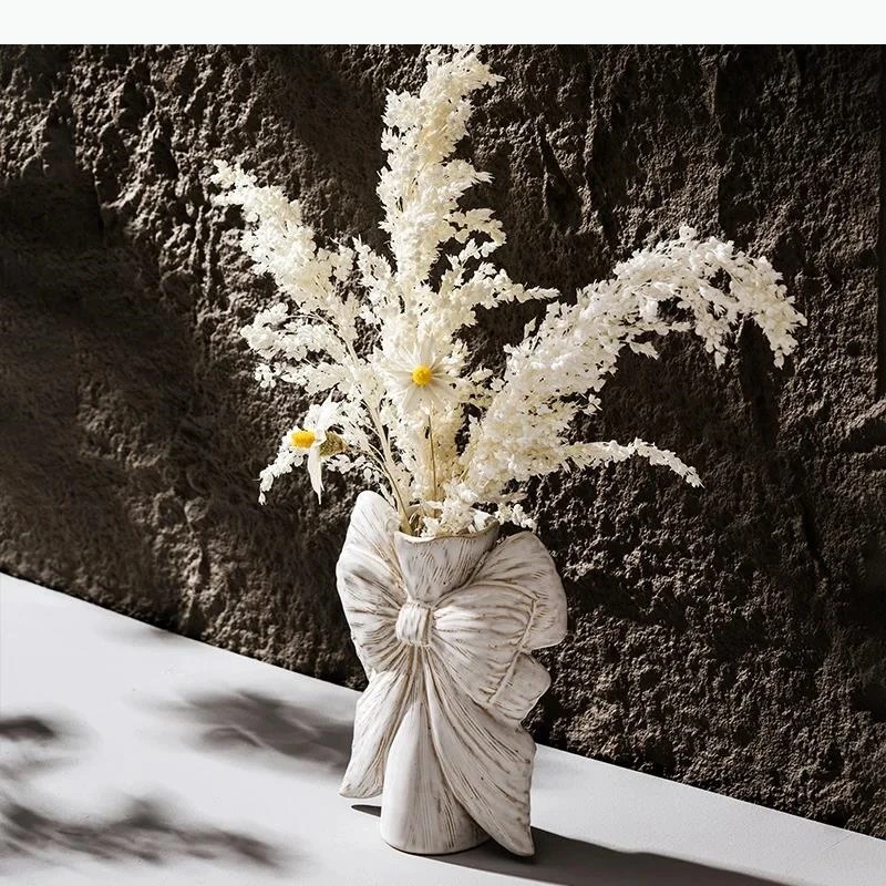 

Home Decoration Terrarium Ceramic Vase White Bow Ribbon Lovely Bouquet Shape Floral Arrangement Accessories Flower Vase