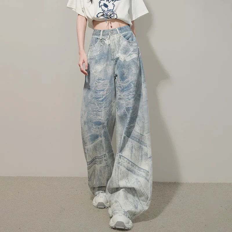 WTHTแฟชั่นผู้หญิงใหม่Tie Dye Washตรงกางเกงยีนส์ 2025 ฤดูร้อนอินเทรนด์สูงเอวกว้างขากว้างกางเกงหญิง 1LS2187