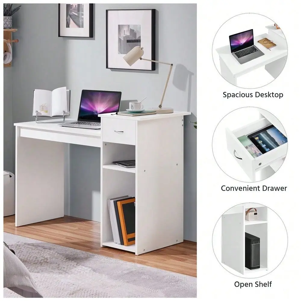 Minimalist Computer Desk With Shelf Drawer, Wooden Office Desk With Bottom Strip Pads For Home Office, Black White