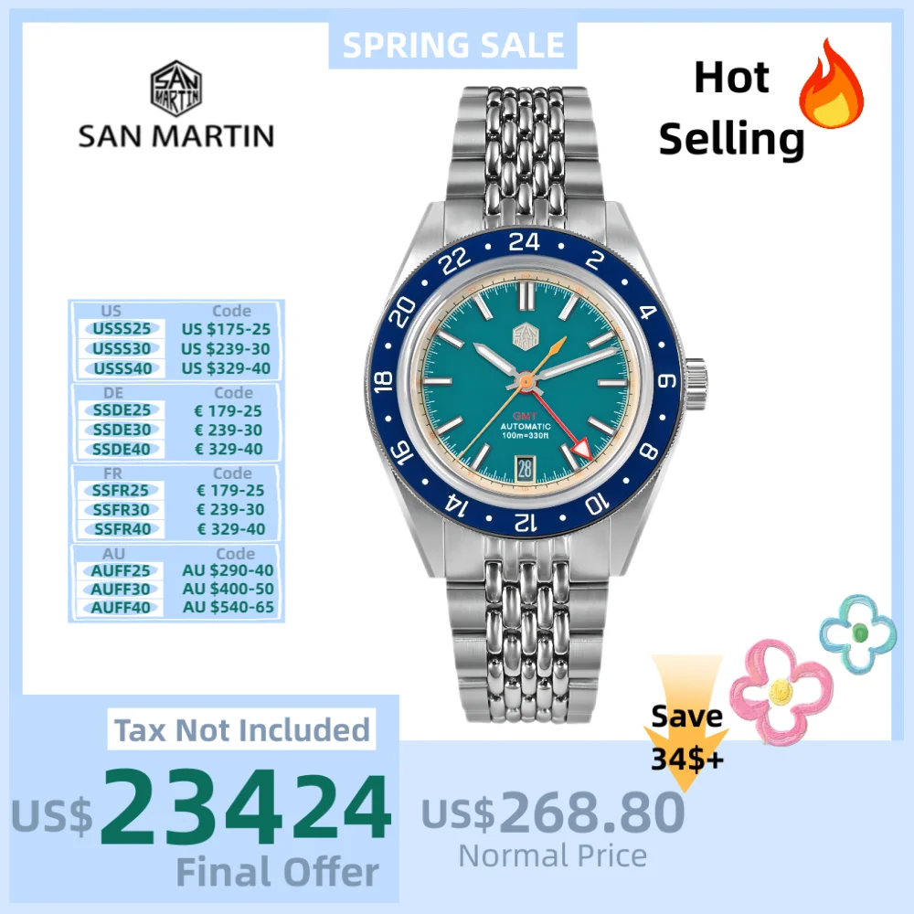 San Martin Original 39.5mm NH34 GMT Men Mechanical Wristwatch Fly Adjustable Clasp Sports Watch Waterproof 10Bar Relojes SN0116