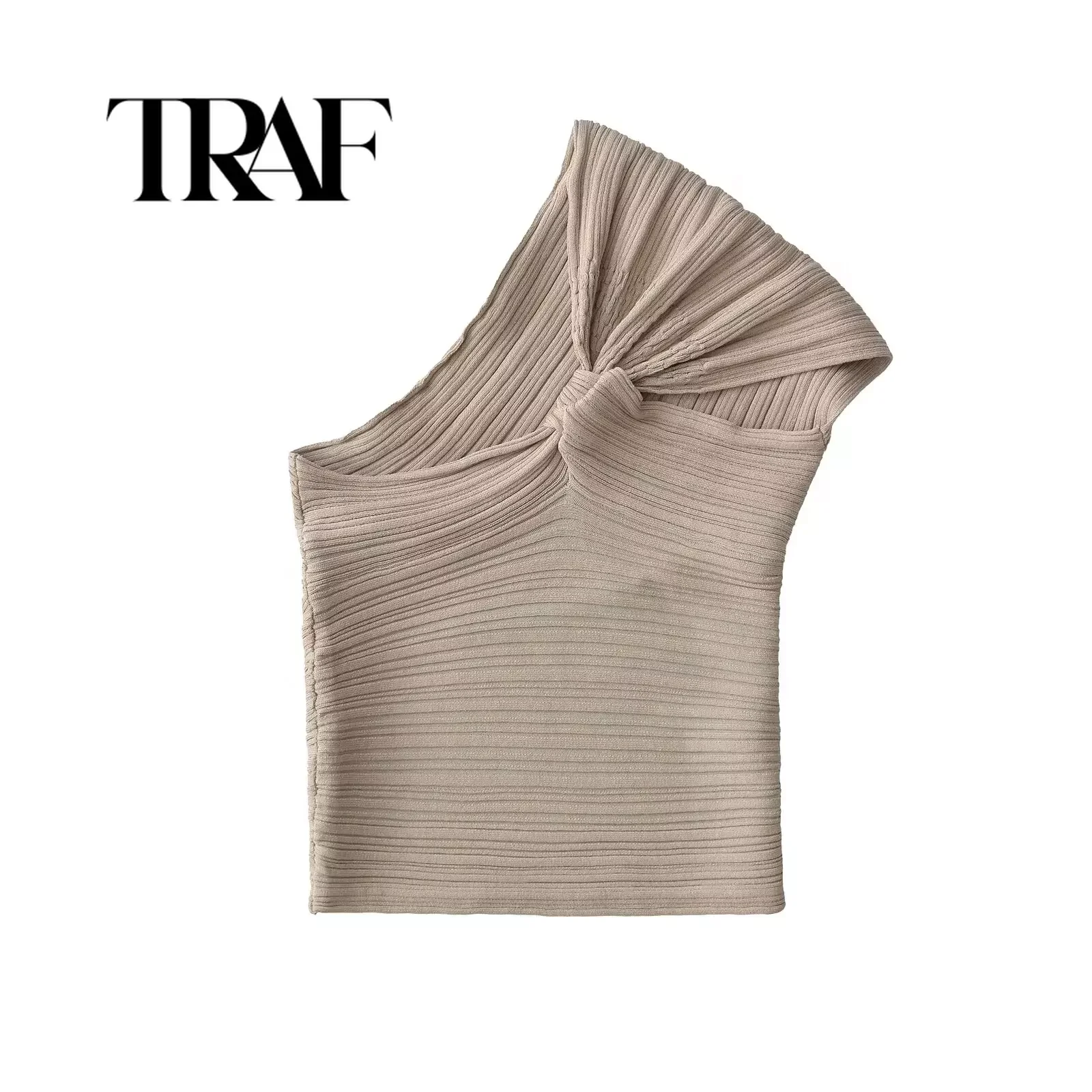 TRAF One Shoulder Twisted Ruched Twist Fashion Tank Top Dark Brown One-Shoulder Sexy Short Camis Tight Vest Top