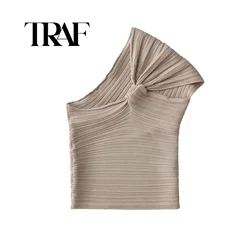 TRAF One Shoulder Twisted Ruched Twist Fashion Tank Top Dark Brown One-Shoulder Sexy Short Camis Tight Vest Top