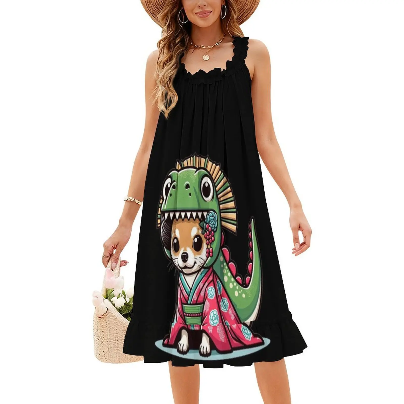 Pup Folly Abito senza maniche bohémien Multi-stampa Abito da festa per le vacanze al mare Chihuahua Dinosauro Grafica Divertimento Abiti da festa per cani Dino