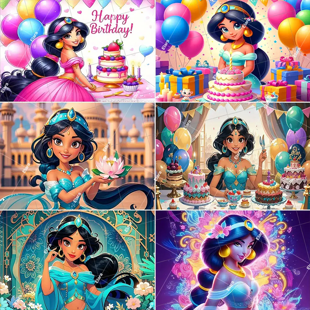 

Cartoon Disney Jasmine Princess Aladdin Theme Girl Kids Birthday Party Decoration Baby Shower Photography Background Banner Prop
