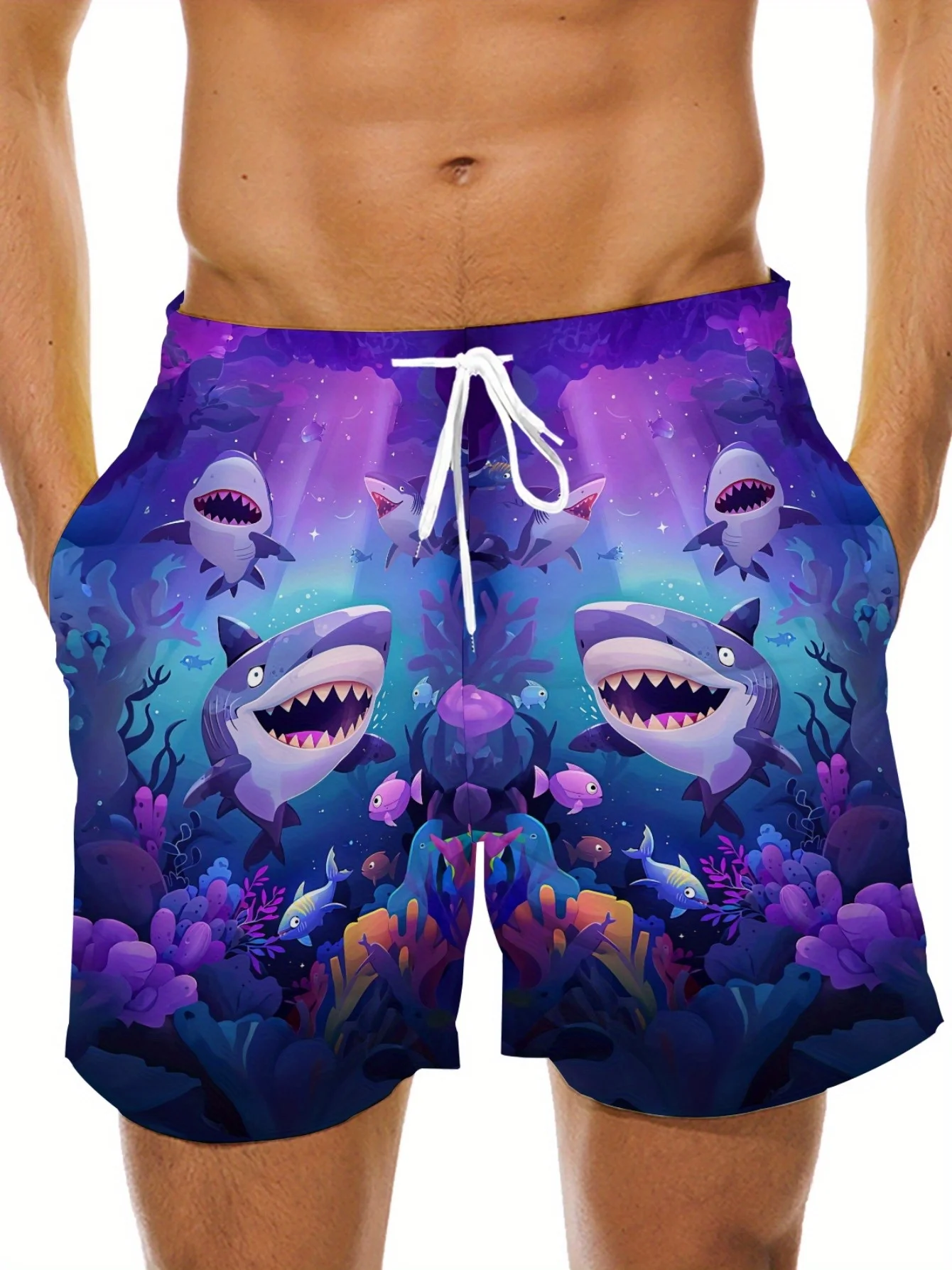 

Men'S Plus Size Summer Beach Shorts with Shark Print - Breathable Quick-Dry Fabric, Relaxe - Soft Comfortable Casual Swim