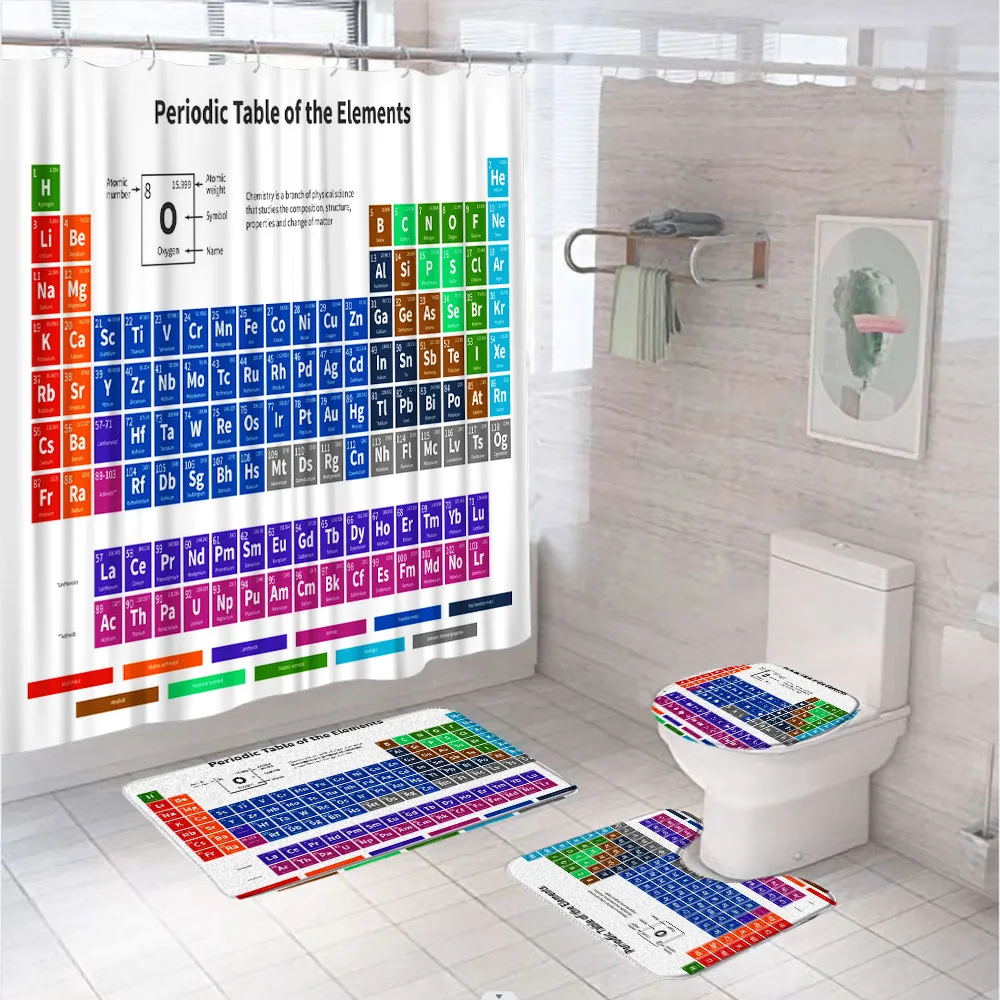 Periodic Table Of Elements Shower Curtain Sets Educate Study Art Bathroom Curtains Non-Slip Bath Mat Pedestal Rugs Toilet Covers