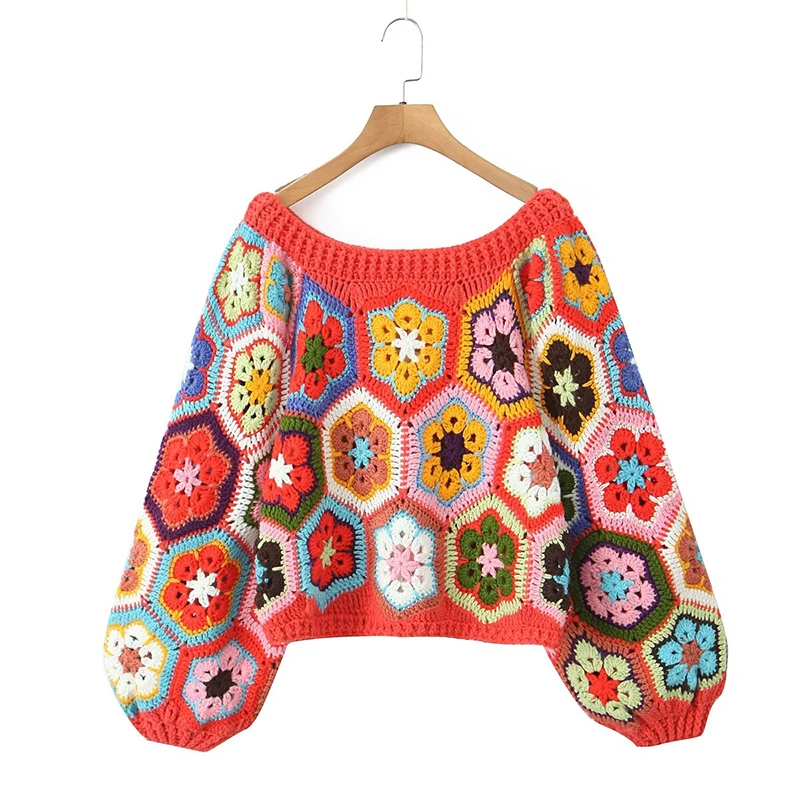 YENKYE Women Boho Multicolor Plaid Floral Handmade Crochet Crop Sweater Vintage Lantern Sleeve Loose Holiday Pullover Tops