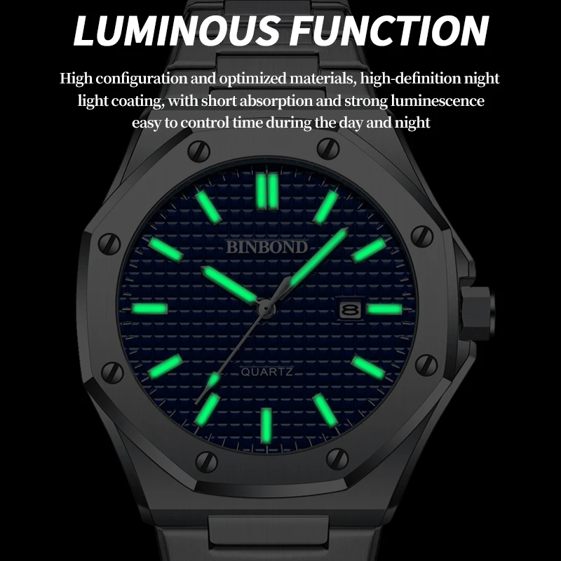 BINBOND Luxury Men Watch High Man Quality Quartz Wristwatch Waterproof Luminous Date Stainless Steel Men\'s Watches Casual Clock