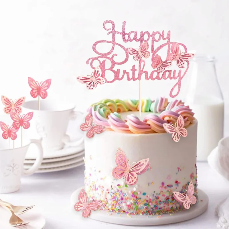 13-teiliger 3D-Schmetterlings-Cupcake-Topper für Mädchen und Frauen, alles Gute zum Geburtstag, Kuchendekorationen, Partydekorationen (Rosa)