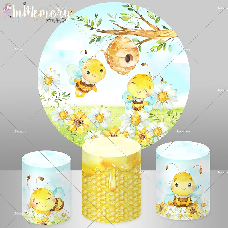 Newborn Baby Shower Birthday Party Round Backdrop Bee Honey Yellow Custom Circle Cover Photography Background Cylinder Cover