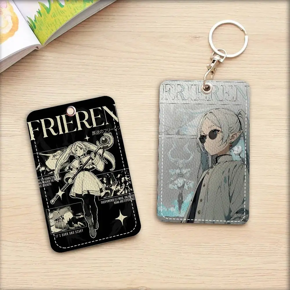Hot Japan Anime Frieren 1Pc PU Leather Card Holder Keychain Key Ring Door Lock Access Tags ID Card Case Keychain Card