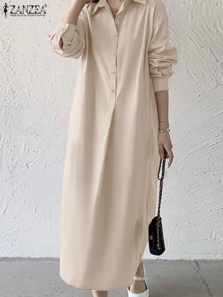 Zanzea feminino casual midi camisa 2025 outono solto turn-down colarinho manga longa meio botões vestido de cor sólida 3 cores S-3XL