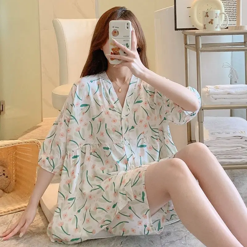 Loose Cotton Silk Pajamas Women\'s Set Summer New Short Sleeved V_neck Sweet Shirt+Wide Leg Shorts Home Two-piece Set for Women