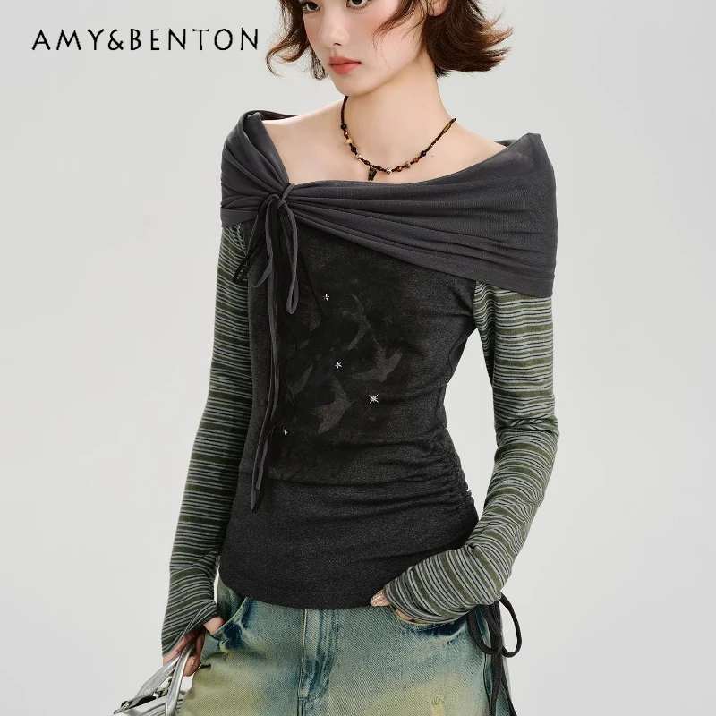 

Retro Design Dark Gray Splicing Off-shoulder Long-sleeve Women's T-shirt 2026 Spring New Sweet Cool Versatile T-shirts Ladies