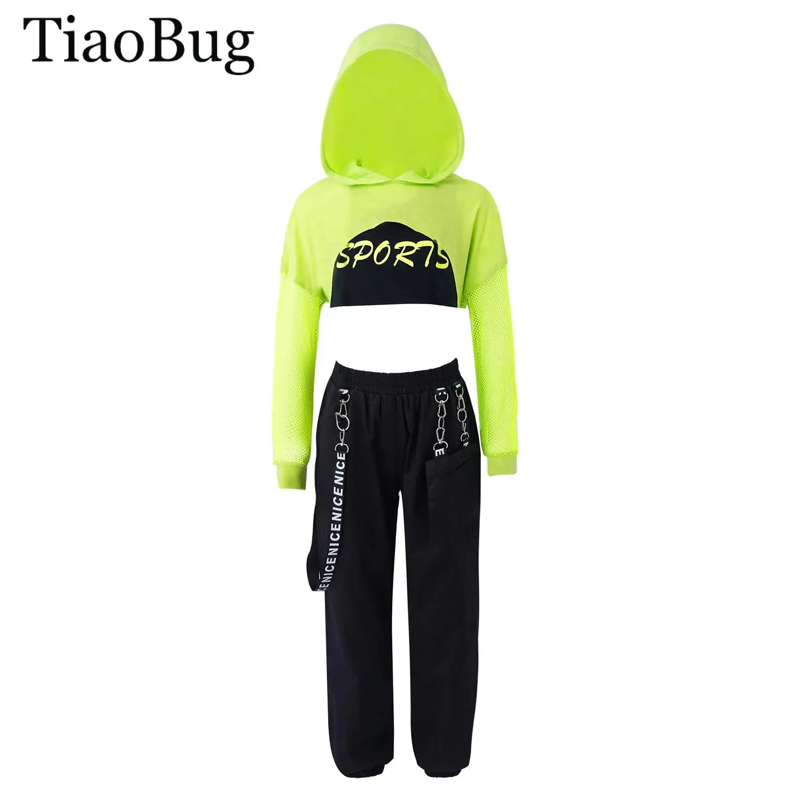 Teen Girls Hip-hop Set Street Jazz Dance Costume Modern Dance Hooded Long Sleeves Net Cover Up Tops with Crop Vest Cargo Pants
