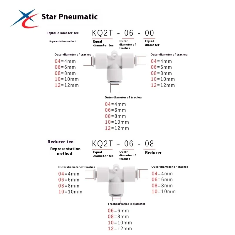 Xingchen Pneumatico KQ2T04/06/08/10/12-00/04/06/08/10/12 T-tipo a T uguale diametro