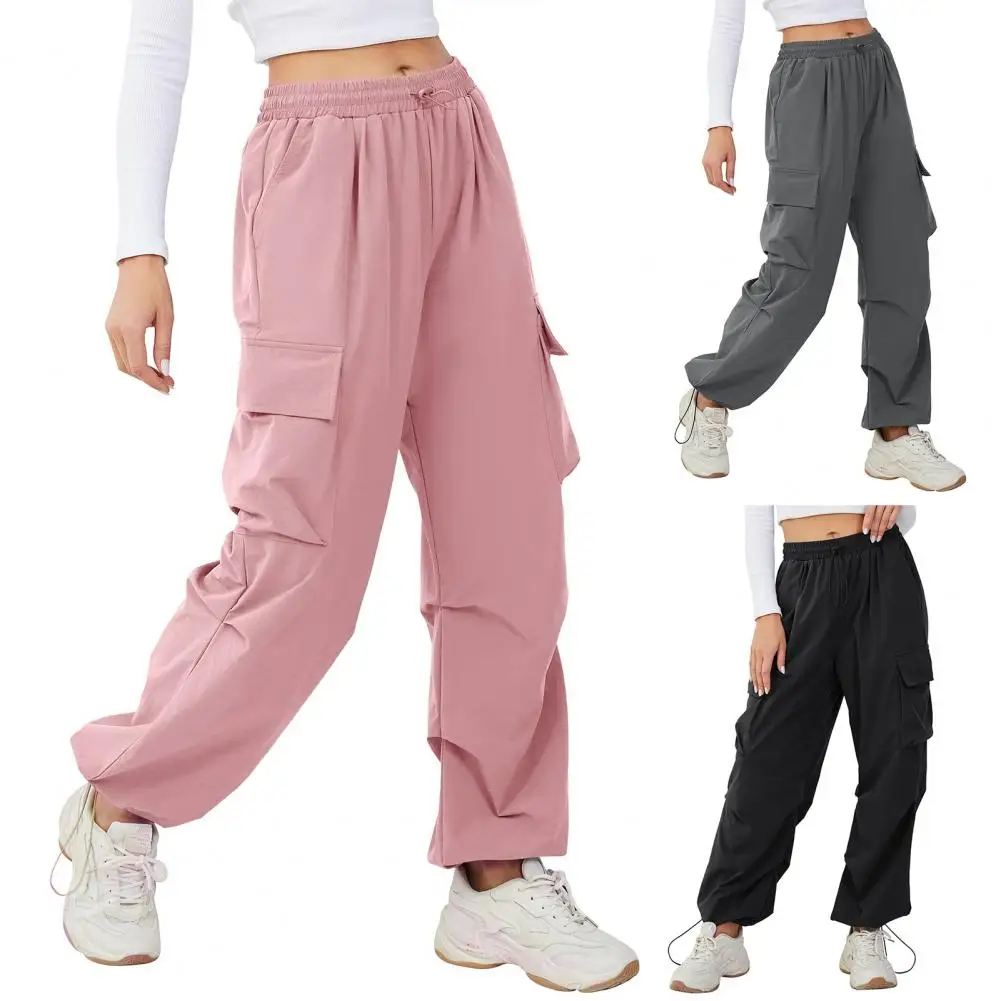 

High Waist Design Cargo Pants Wide-leg Pants with Pockets Elastic Waistband Women's Cargo Pants Adjustable High Waisted Trousers