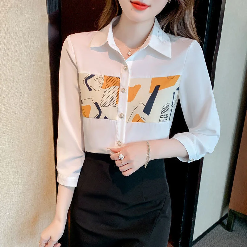 Elegant Fashion Simple Printed Patchwork Three-quarter Sleeve Chiffon Blouse Top Women Casual Button Up Office Lady Shirt Blusas