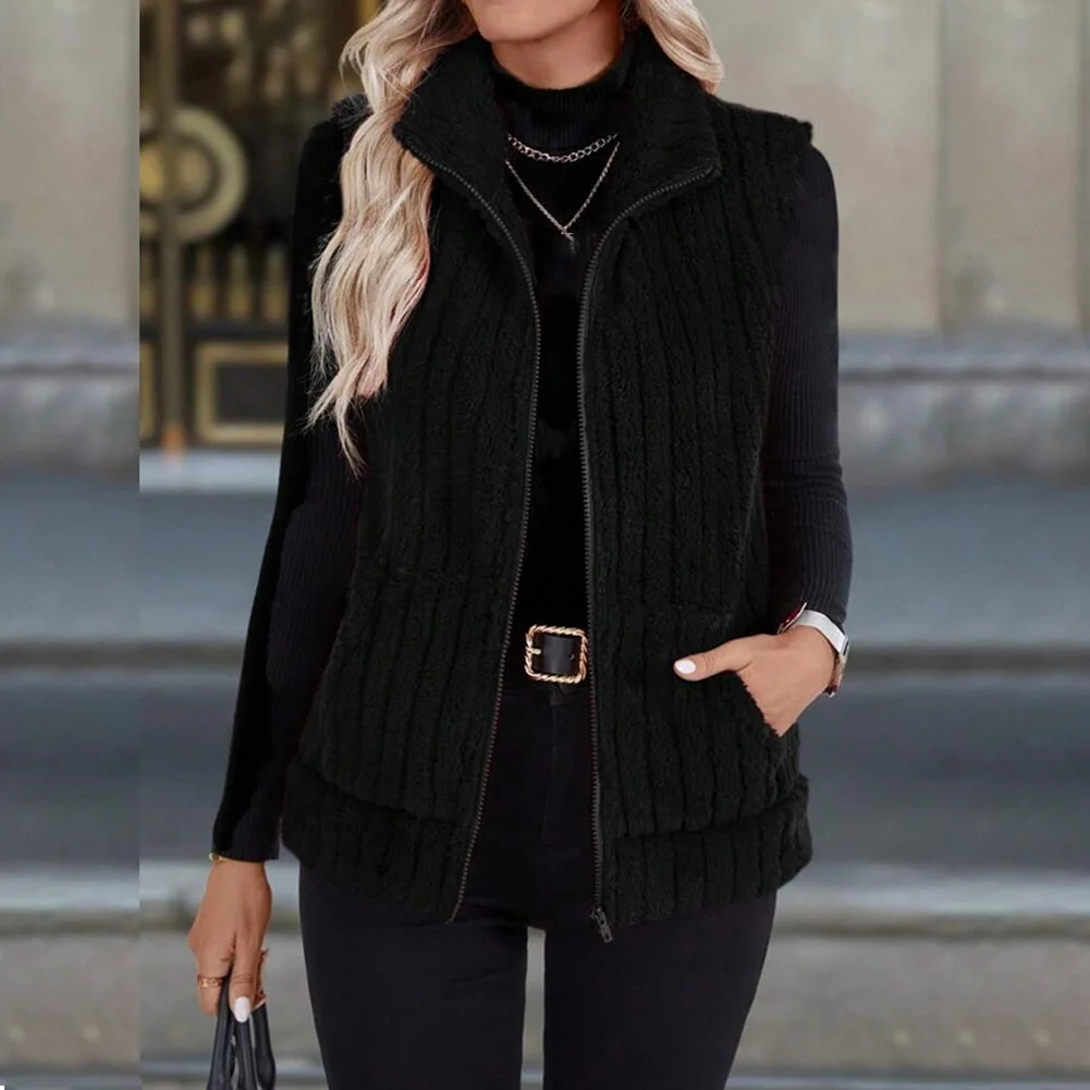 Womens Vertical Stripe Fleece Vest Polyester Material Sleeveless Collar Zip Front for Warm Weather Outdoor Use