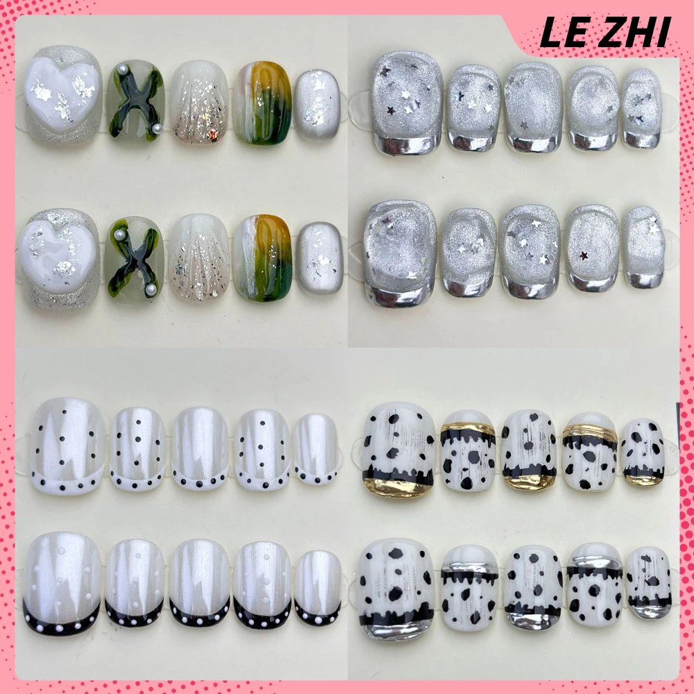 

10Pcs Light Luxury Short Square Handmade Wearable Press On Nails Glitter Cat Eyes Sequins Star Pearl Polka Point Full Cover Nail