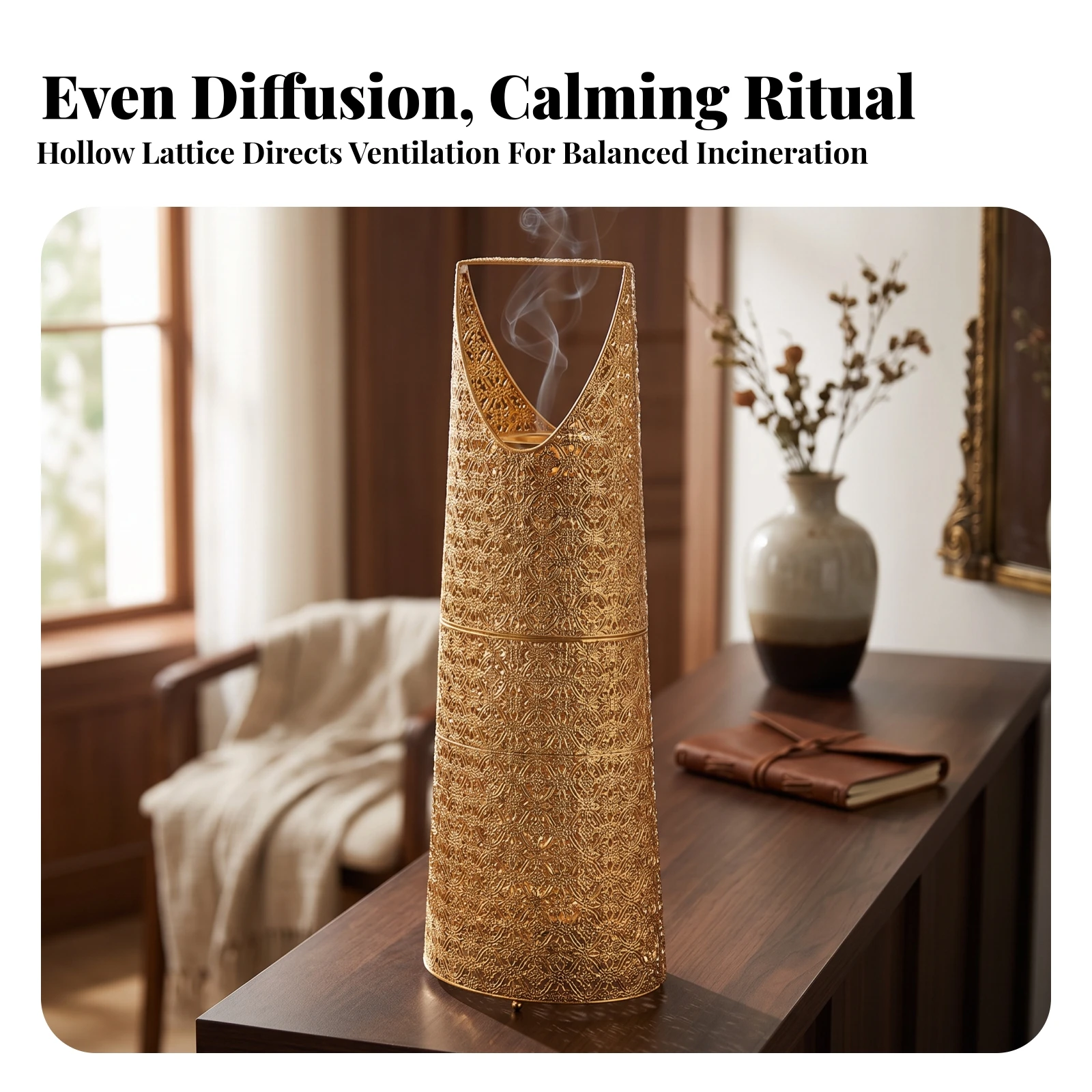Floor Incense Burner Gold-Tone Metal Incense Burner Censer Openwork Decor Perforated for Living Room, Entryway