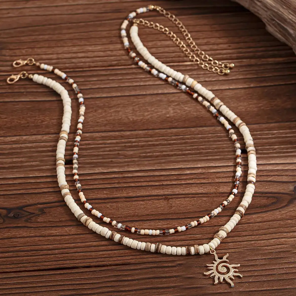 Lacteo خمر العرقية الشمس رمز قلادة قلادة للرجال الاتجاه الإبداعية قشر جوز الهند الخرز الخشبي المختنق قلادة المجوهرات اليومية #4