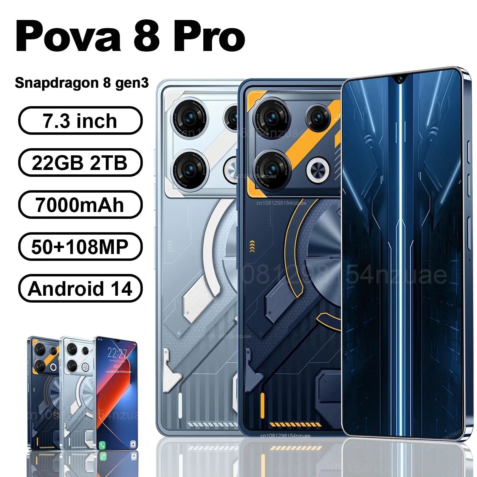 

Original TEENO Pova 8 Pro Smartphone 5G 7.3inch HD 22G+2TB Cell Phone Dual SIM Mobile Phones 50+108MP 7000mAh Android 14 NFC