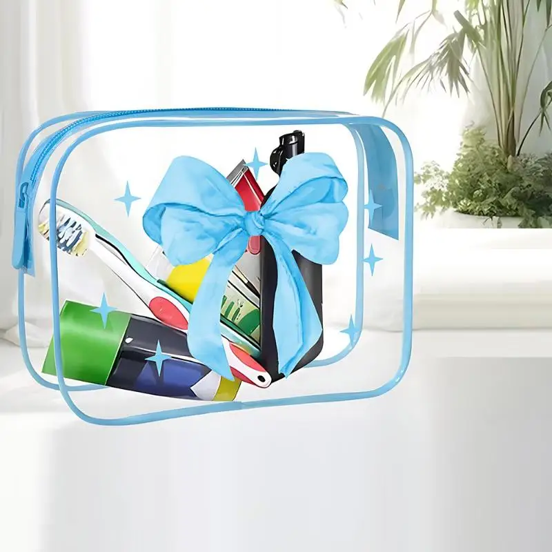 【DY】All Over Print Waterproof Pvc Nylon Pouch Bows Makeup Bag Transparent Toiletry Zipper Pouch Bow Clear Cosmetic Bags
