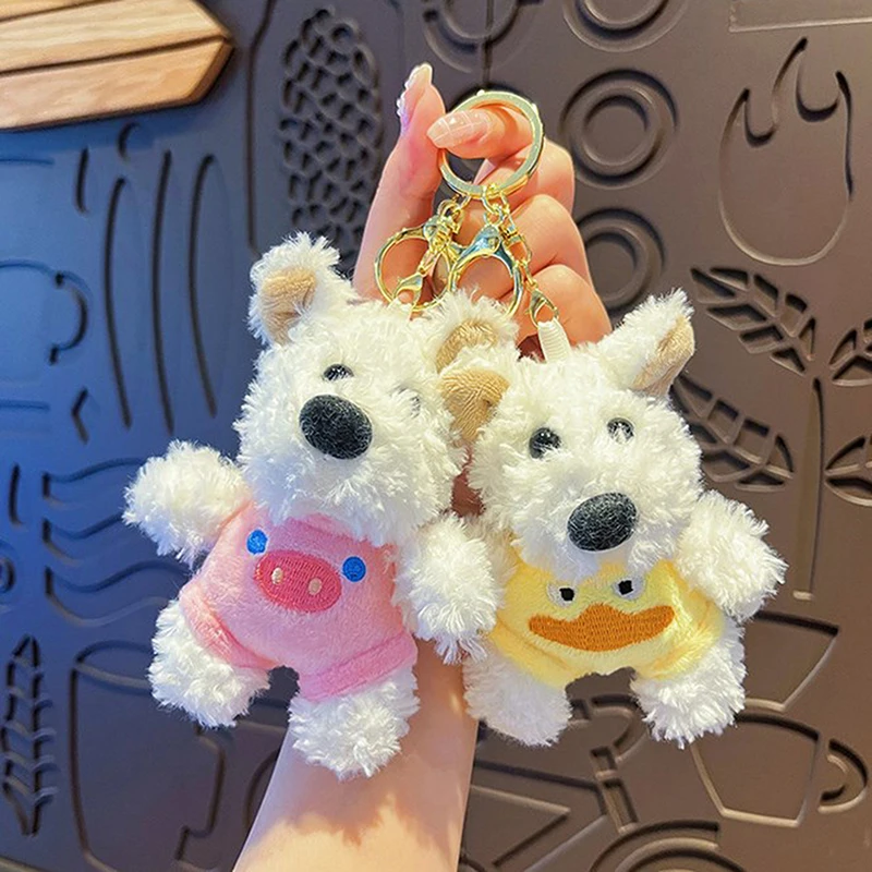 1PC Cute Small Dog Doll Plush Keyring Creative Cross Dressing Puppy Keychain For Bag Pendant Car Keys DIY Accessories