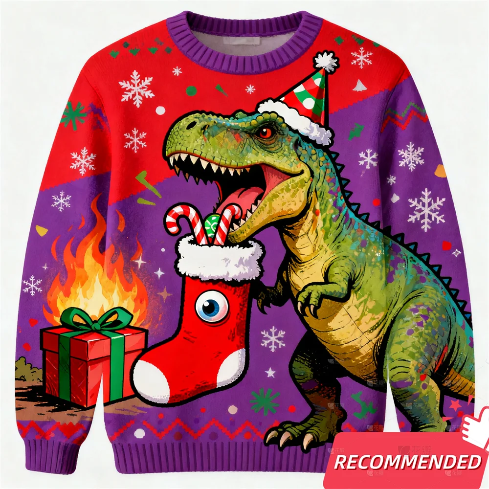2025年秋 大人子供用 アグリークリスマスセーター メリークリスマス 面白い恐竜 ホリデー クルーネック プルオーバー ジンジャーブレッドマン スウェットシャツ