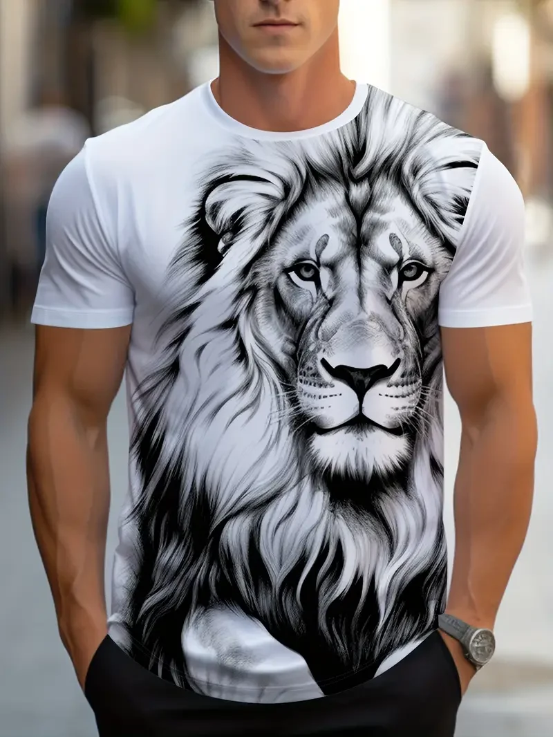 Summer Fashion Casual Cool Lion Graphic T-shirt For Men Trend Classic 3D Printed Animal Pattern Round Neck Short Sleeve Tees Top