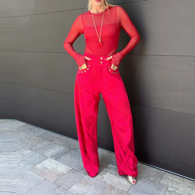 Women's Casual Long Sleeve Street Long Pant Outfits Elegant Button Hight Waist Suit Fashion O-neck Pullover Top & Print Pant Set