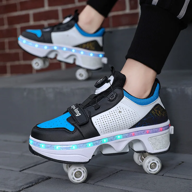 Skate Shoes Deformation Roller Skates 4 Wheels Parkour Sports Skateboard Shoes Children Girls Boys Roller Skates Unisex Sneakers