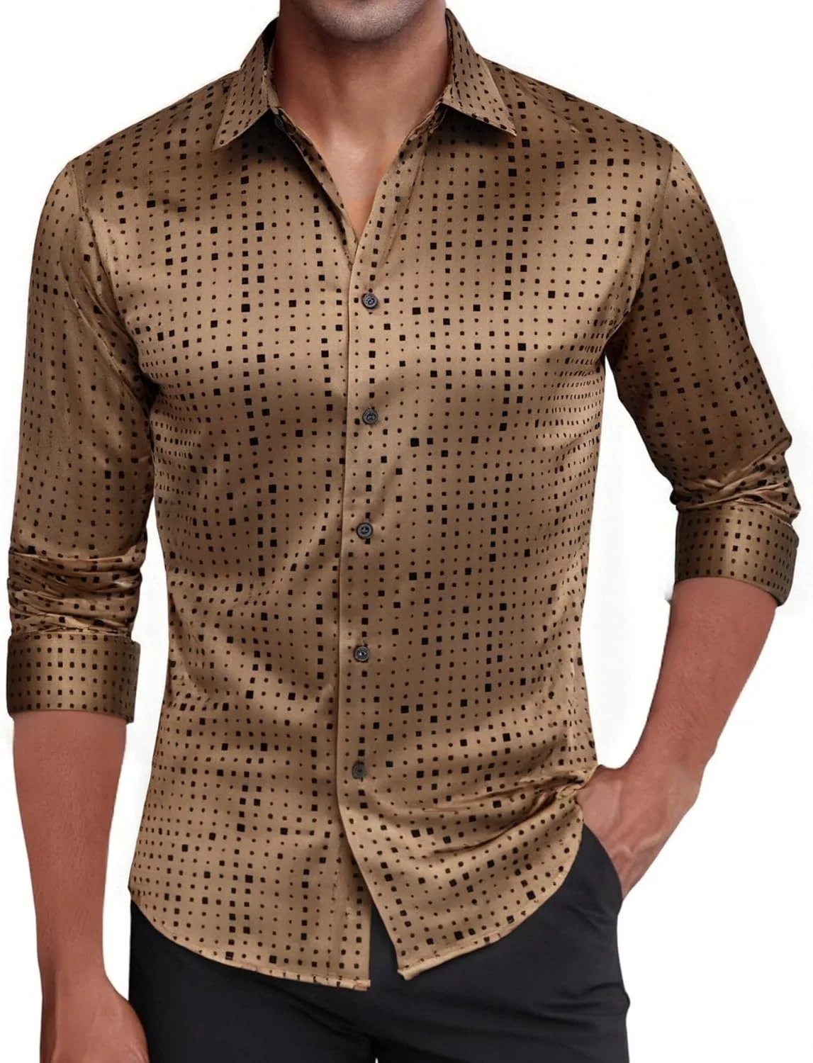 2026 Tasteful Men's High-end Satin Textured Polyester Fiber Shirt Soft Smooth Solid Color Shirt Holiday Party Casual Shirt men